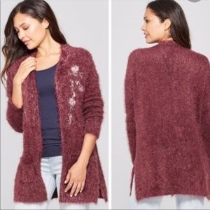 Knox Rose Eyelash Fuzzy Embroidered Floral Mauve Plum Cardigan Sz M